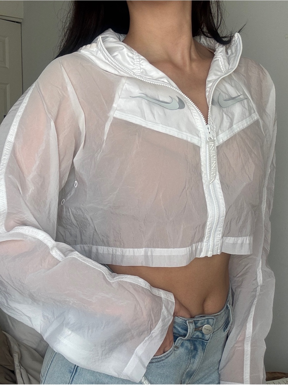 Nike Sheer Cropped Windbreaker zip up hooded Jacket - White size small